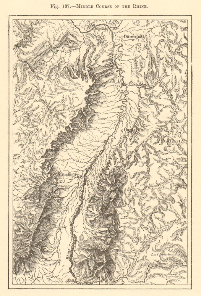 Middle course of the Rhine. Germany. Strasbourg Stuttgart. Sketch map 1886