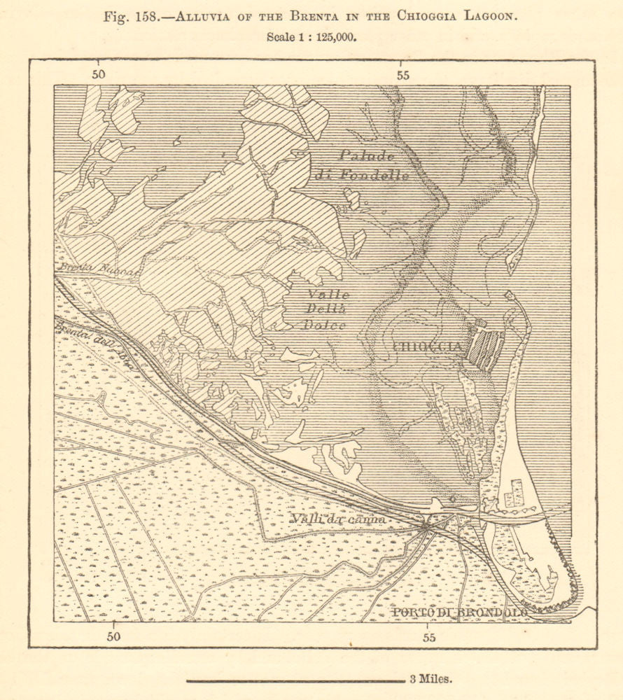Alluvia of the Brenta in the Chioggia Lagoon. Italy. Sketch map 1886 old