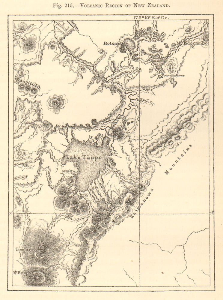 Volcanic Region of New Zealand. Lake Taupo. Sketch map 1886 old antique