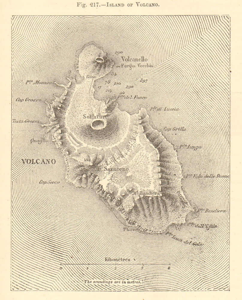Island of Volcano. Italy. Vulcano, Aeolian Islands. Sketch map 1886 old