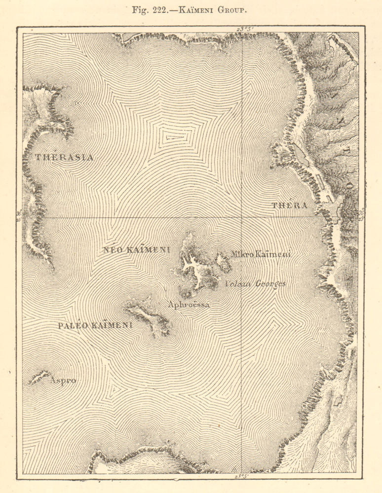 Kaimeni Group. Greece. Santorini. Nea Kameni. Sketch map 1886 old antique