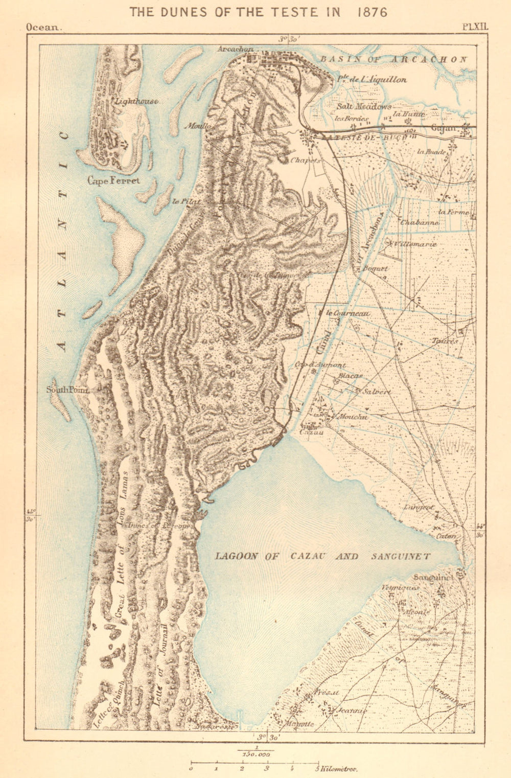 The Dunes of the Teste in 1876. Gironde. Cap Ferret Arcachon 1886 old map