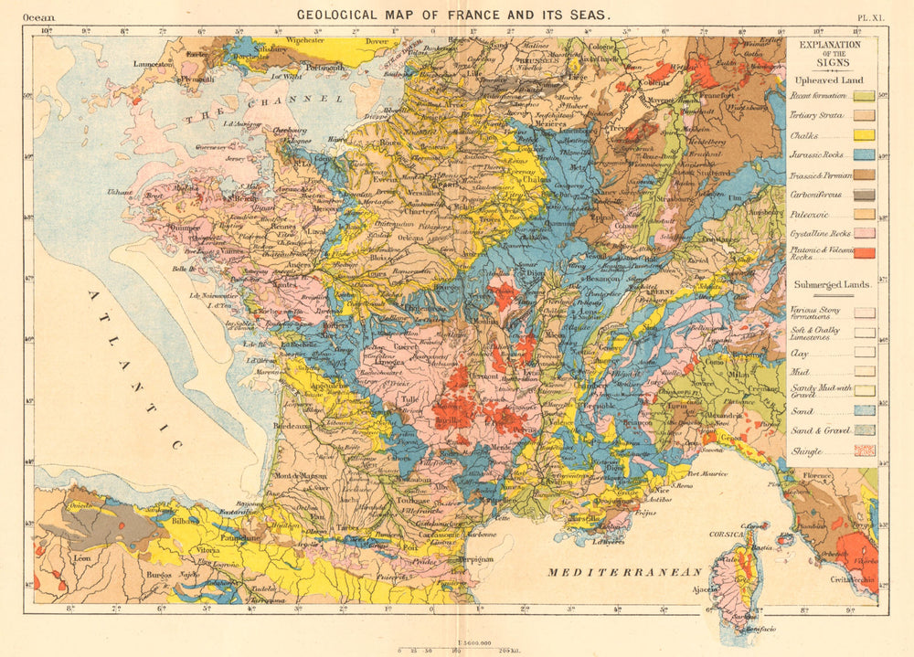 Geological Map of France and its seas 1886 old antique vintage plan chart