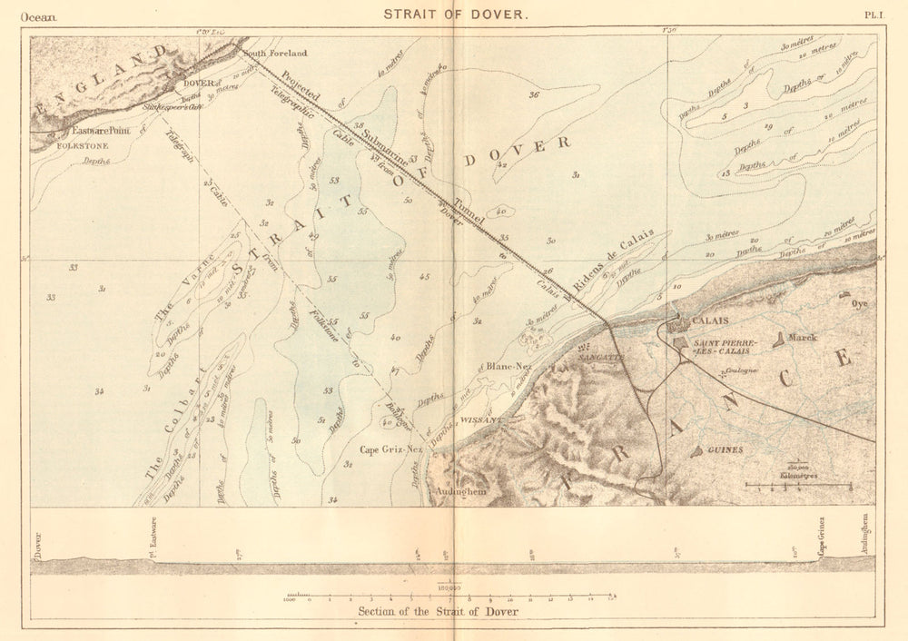 Strait of Dover. Kent. Projected Channel Tunnel. Calais 1886 old antique map