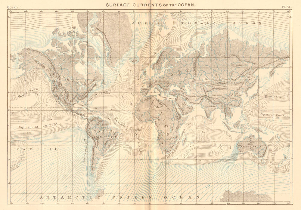 Surface of Currents of the Ocean. World 1886 old antique map plan chart