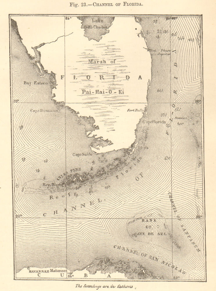 Straits or Channel of Florida. Cuba Keys Pai-hai-o-ki. Sketch map 1886 old