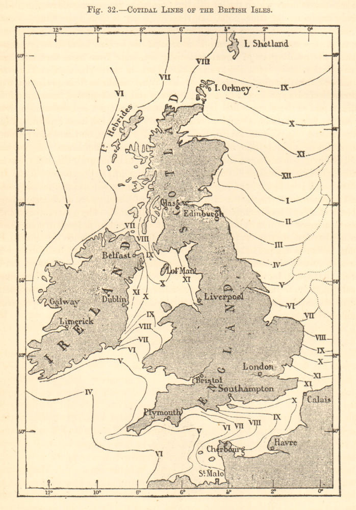 Cotidal lines of the British Isles. Sketch map 1886 old antique plan chart