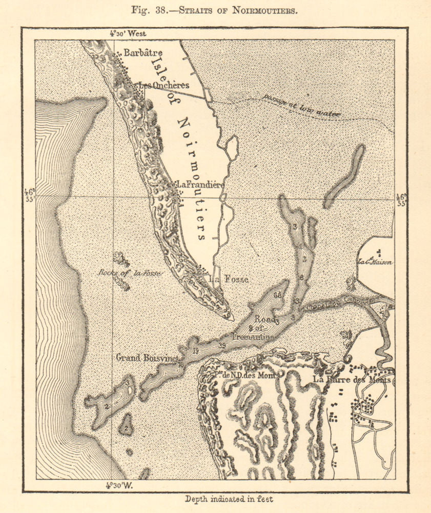 Straits of Normoutiers. Vendée. Noirmoutier-en-l'Île. Sketch map 1886 old