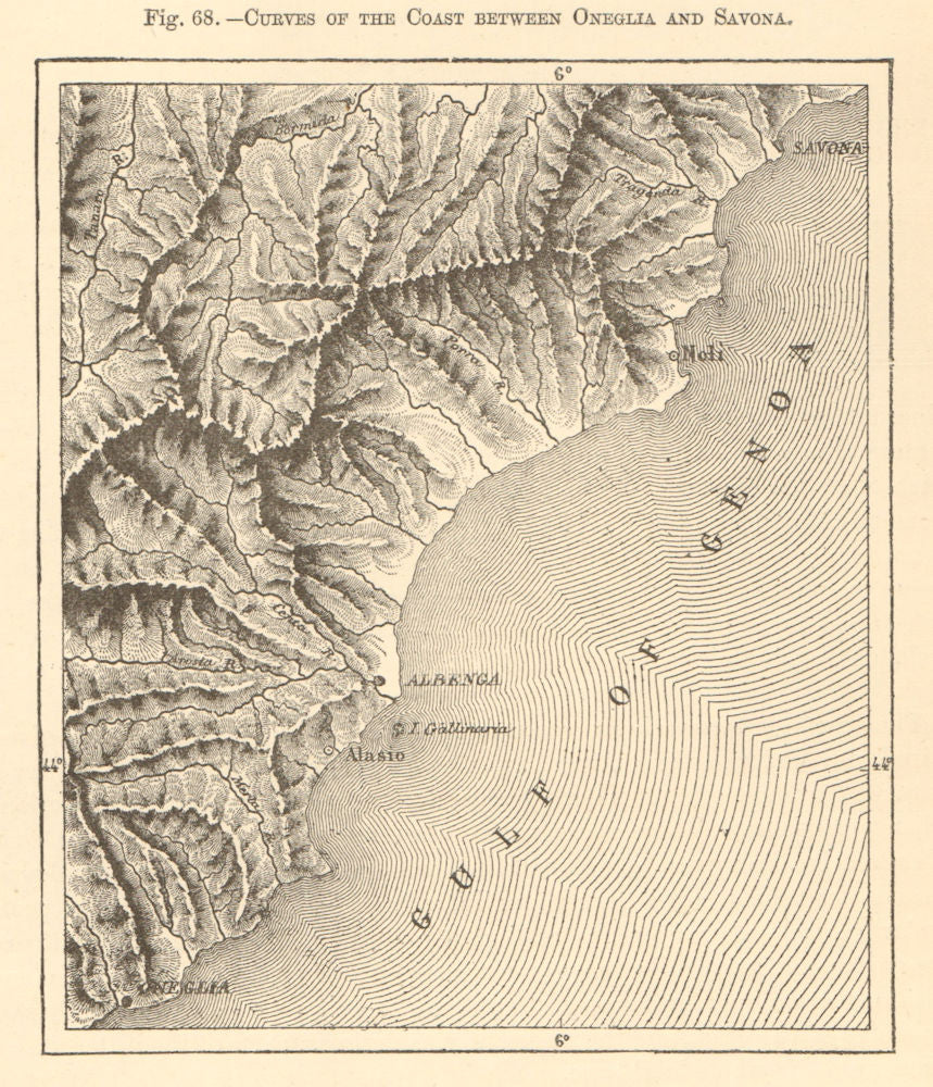 Curves of the coast between Oneglia & Savona. Liguria. Imperia. Sketch map 1886