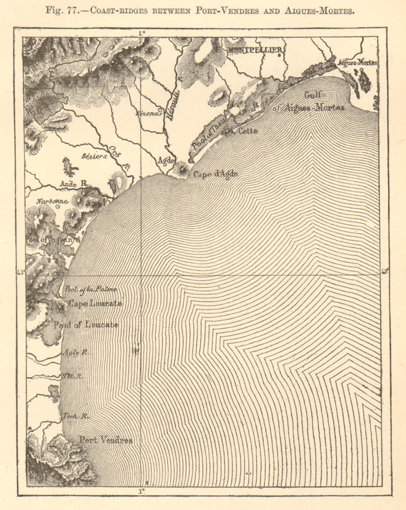 Languedoc Roussillon coast Port-Vendres. Montpellier. Sketch map 1886 old