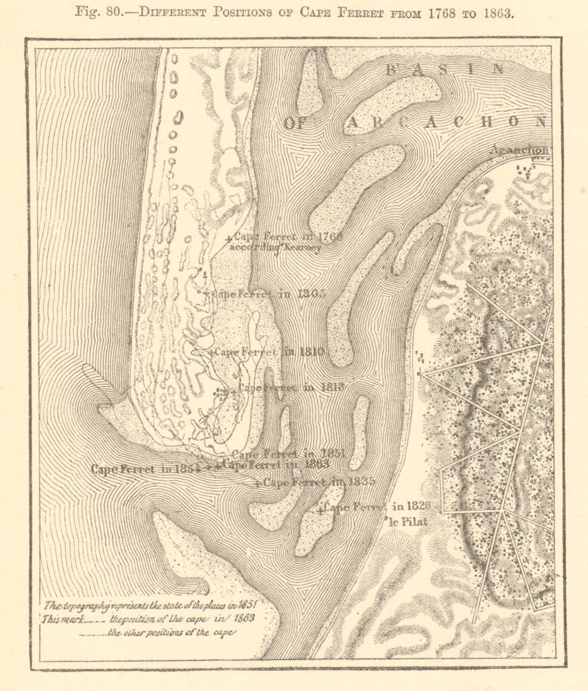 Cap Ferret movement 1768-1863. Gironde. Pilat Arcachon. Sketch map 1886