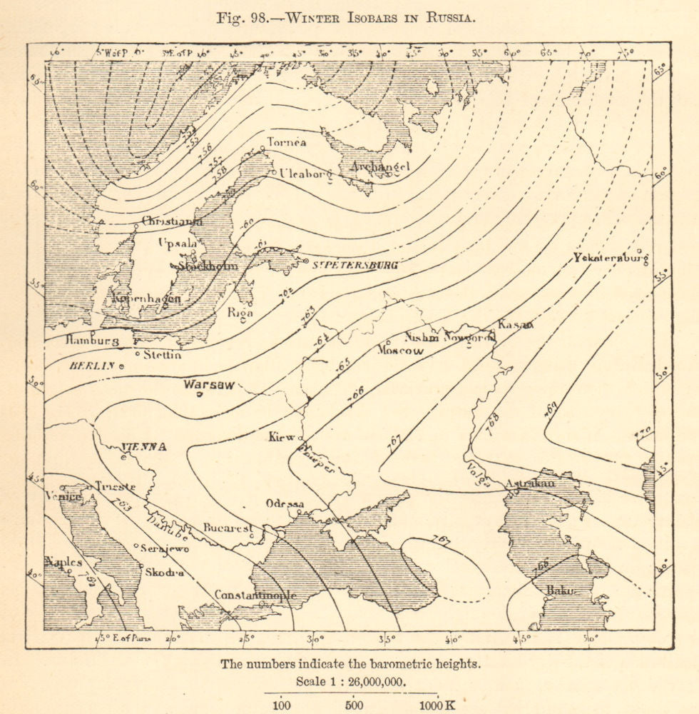 Winter Isobars in Russia. Sketch map 1886 old antique vintage plan chart