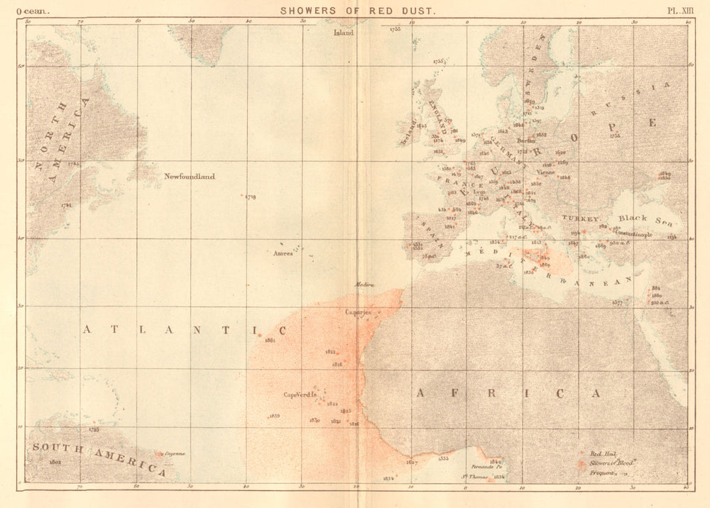 Showers of Red Dust. Africa. Sahara 1886 old antique vintage map plan chart