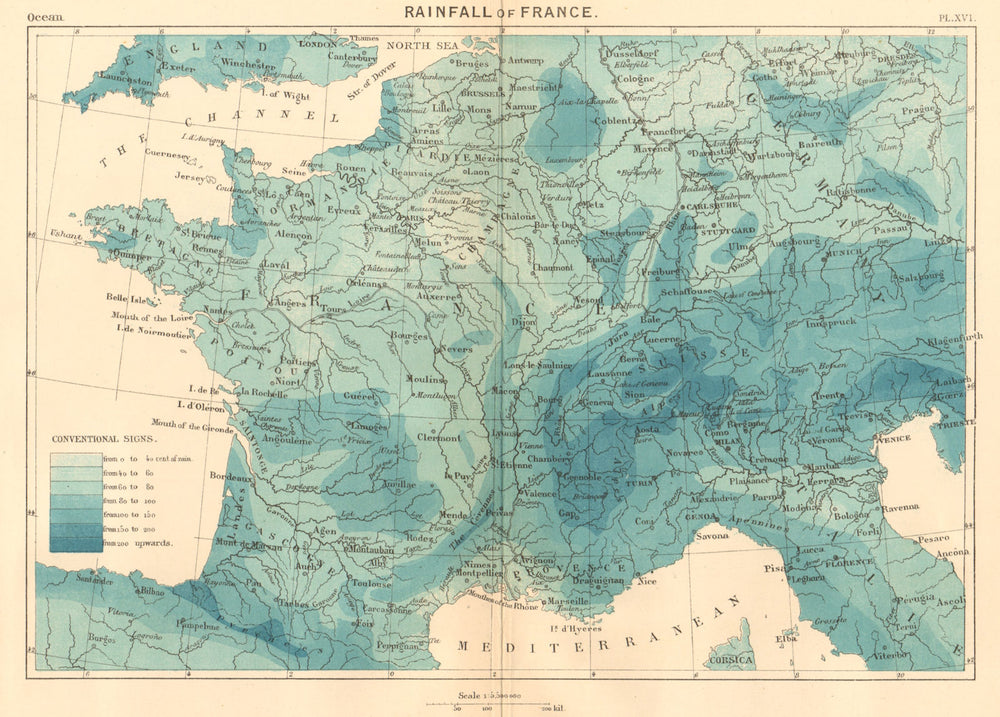 The Rainfall of France 1886 old antique vintage map plan chart