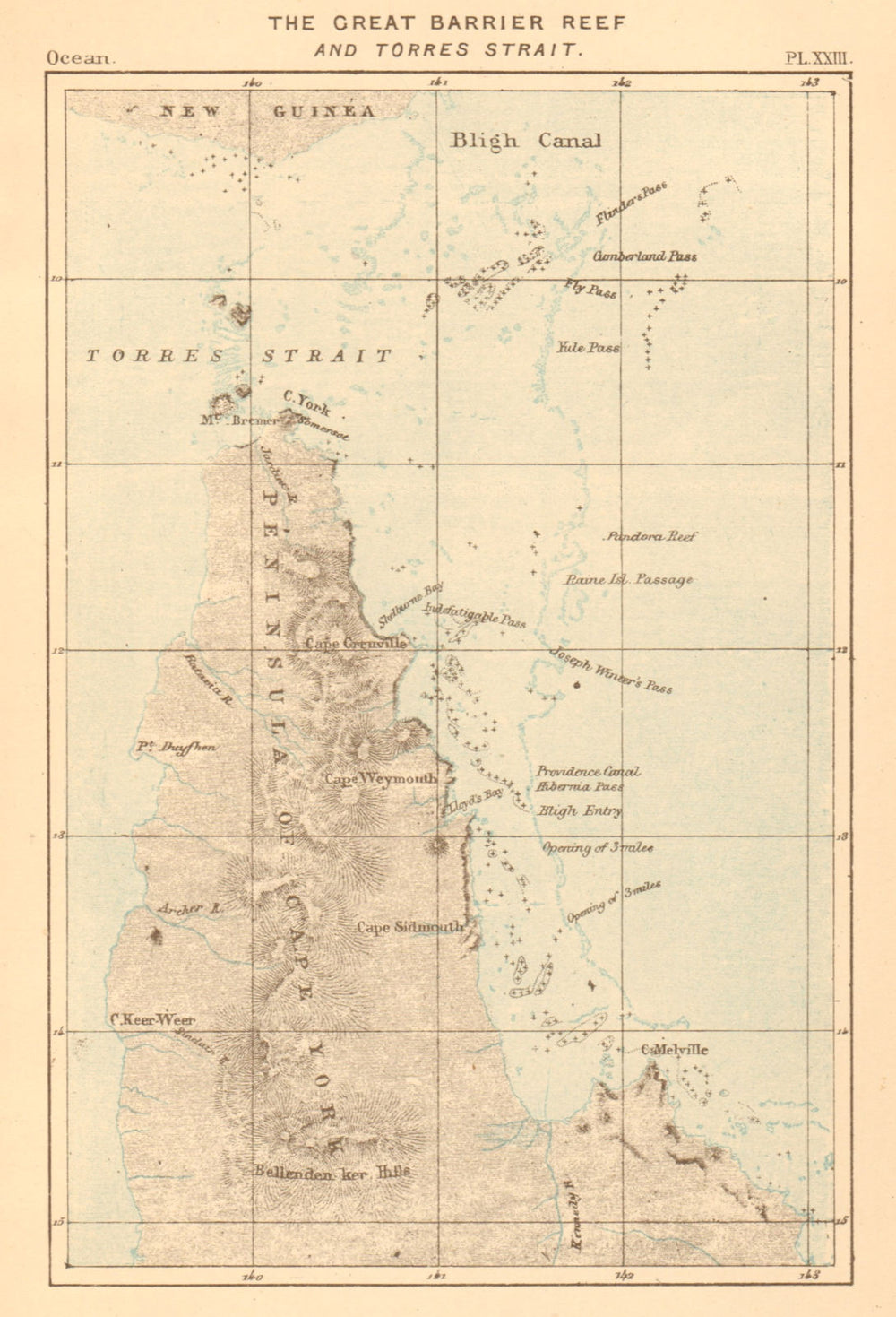 The Great Barrier Reef. Australia. Cape York peninsula, Queensland 1886 map