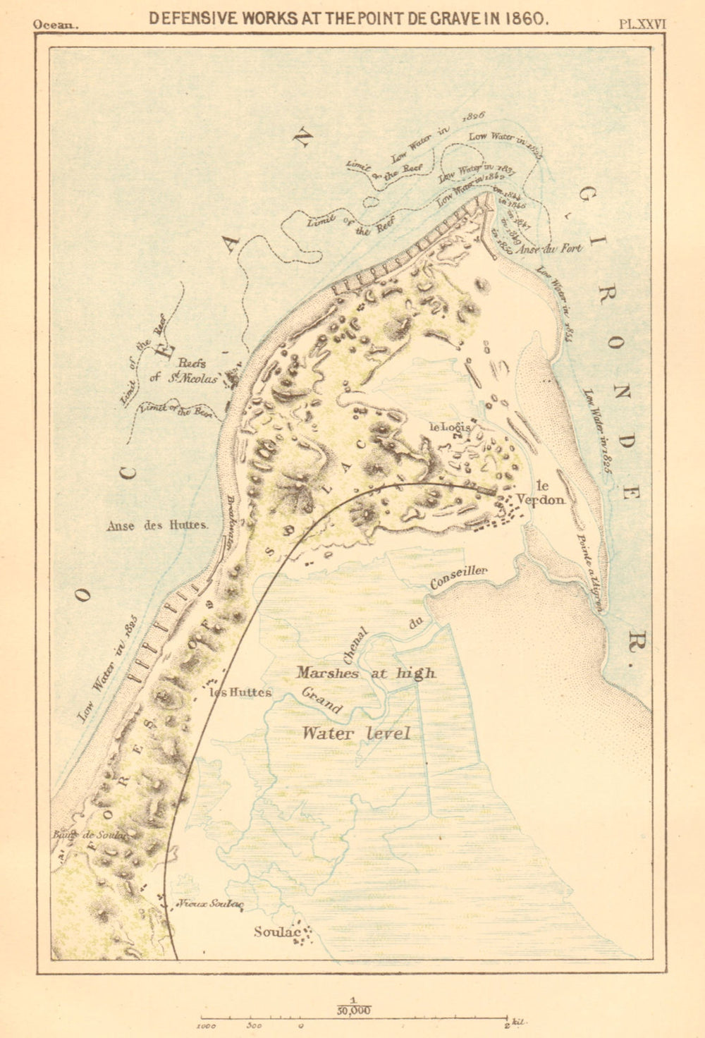 Defensive works at Point de Grave in 1860. Gironde. Le Verdon-sur-Mer 1886 map