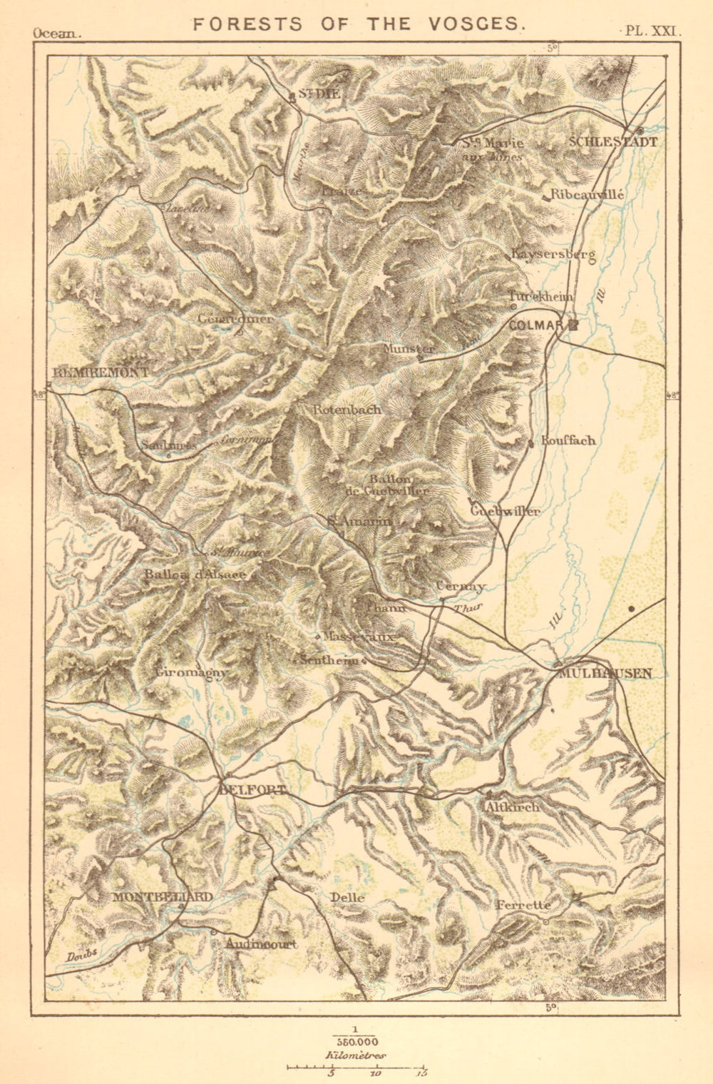 Forests of the Vosges. Haut-Rhin. Colmar Remiremont Belfort Mulhouse 1886 map