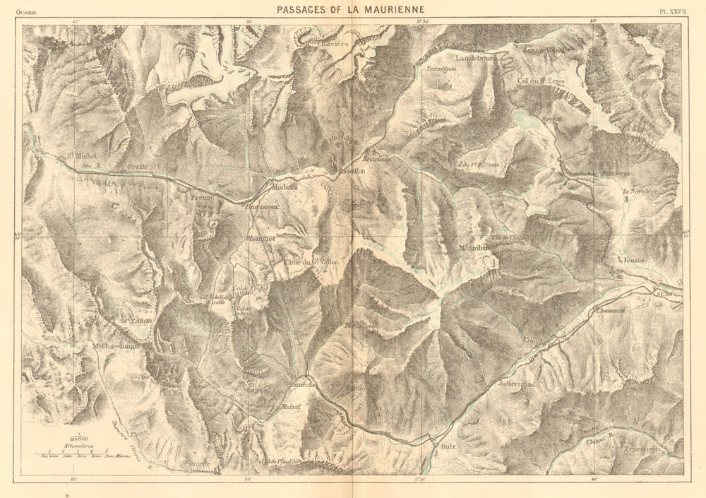 Passages of La Maurienne. Savoie. Valloire Valmeinier Melezet 1886 old map