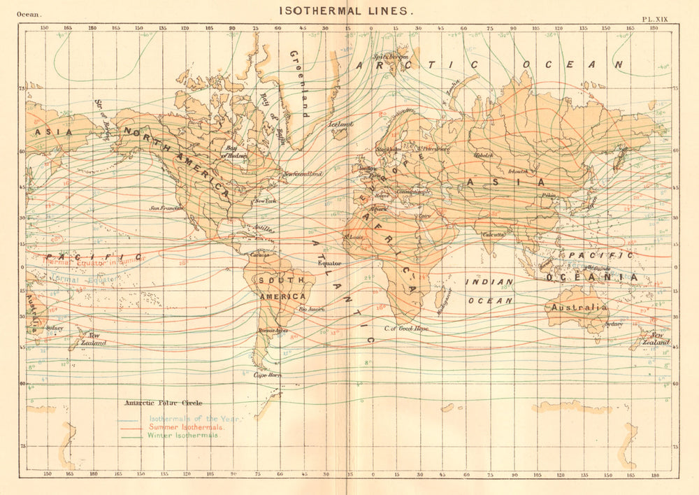 Isothermal Lines. World 1886 old antique vintage map plan chart