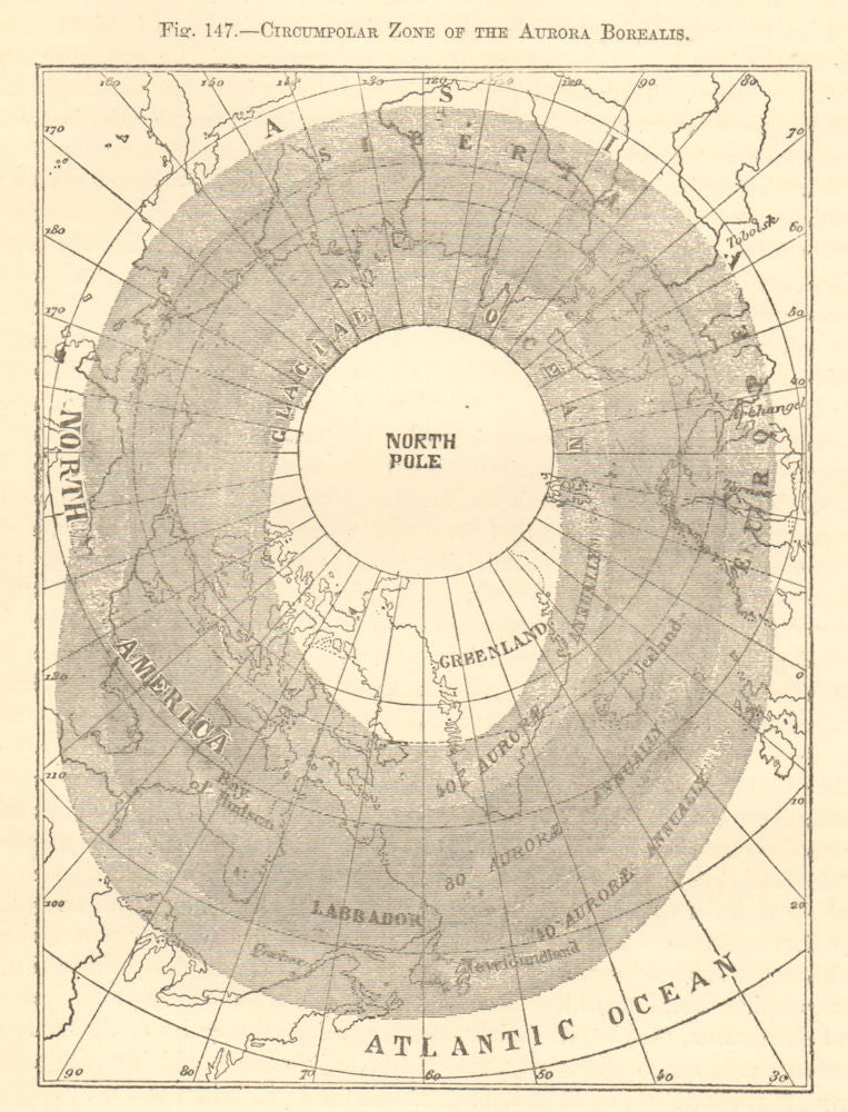 Circumpolar zone of the Aurora Borealis. Arctic. North Pole. Sketch map 1886