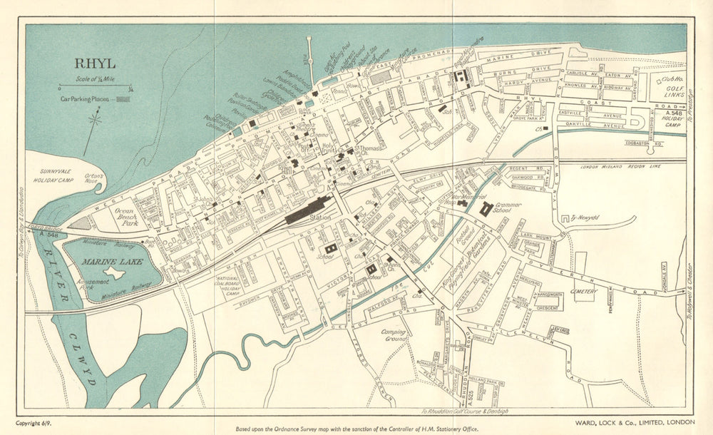 RHYL vintage town/city plan. North Wales. WARD LOCK 1961 old vintage map chart