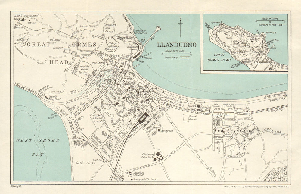 LLANDUDNO vintage town/city plan. Great Orme's Head. Wales. WARD LOCK 1934 map