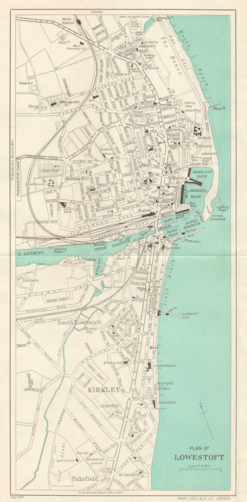 LOWESTOFT vintage town/city plan. Suffolk. Kirkley. WARD LOCK 1938 old map