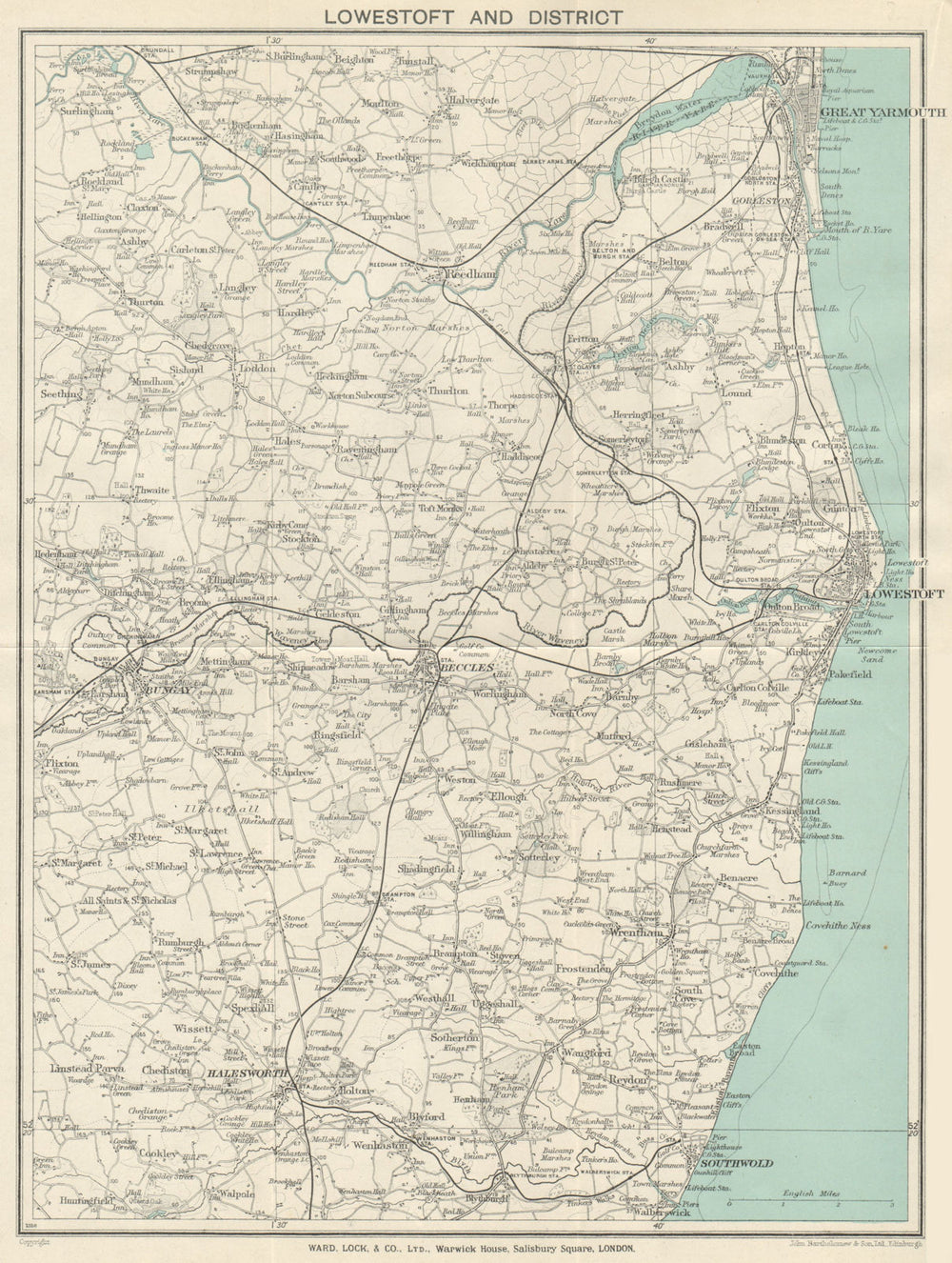 LOWESTOFT area Great Yarmouth Beccles Southwold. Norfolk/Suffolk Broads 1938 map