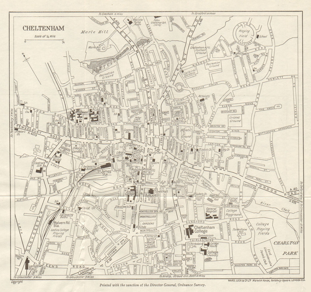 CHELTENHAM vintage town/city plan. Gloucestershire. WARD LOCK 1940 old map