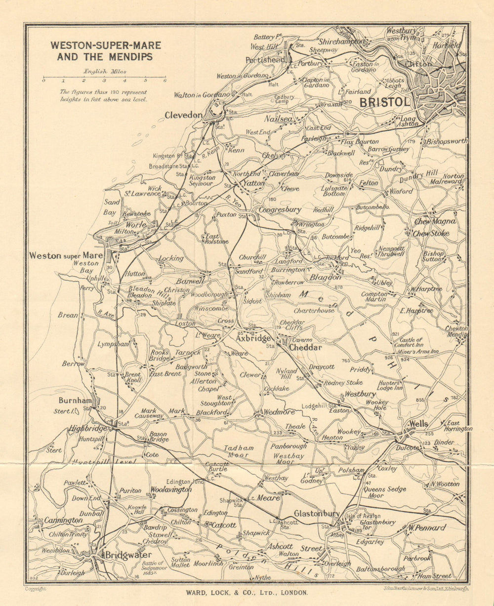 MENDIP HILLS Weston-Super-Mare Glastonbury Bristol Wells. WARD LOCK 1946 map