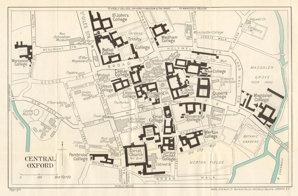 CENTRAL OXFORD vintage town/city plan. University colleges. WARD LOCK 1924 map