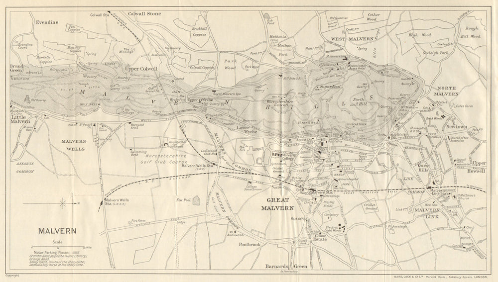 MALVERN HILLS area & Great Malvern town/city plan. WARD LOCK 1938 old map