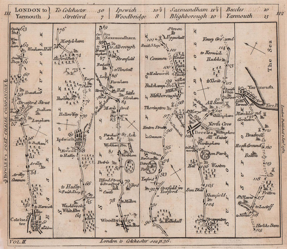 Colchester-Ipswich-Saxmundham-Beccles-Yarmouth road strip map. BOWLES 1782