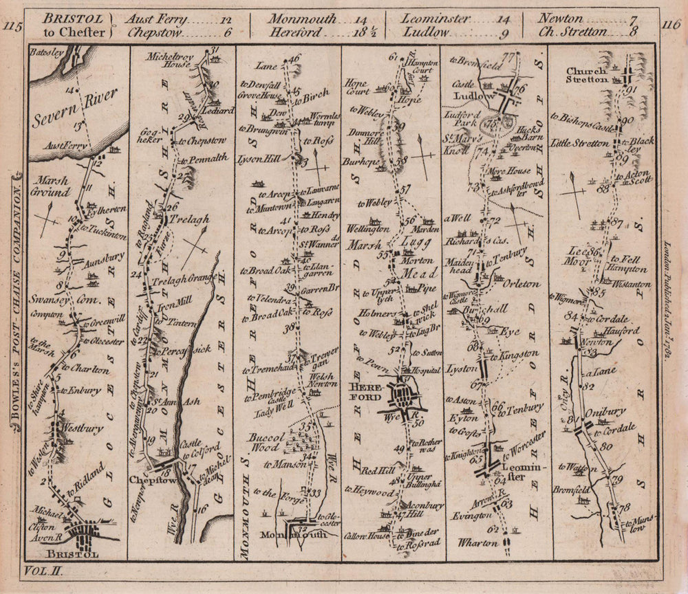 Bristol-Chepstow-Monmouth-Hereford-Ludlow road strip map. BOWLES 1782 old