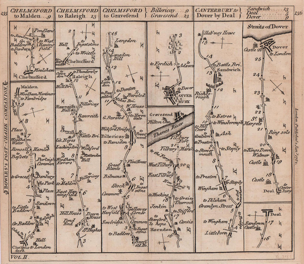 Chelmsford-Billericay-Gravesend. Canterbury-Dover road strip map BOWLES 1782
