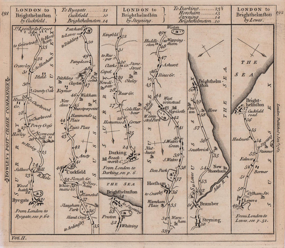 Reigate-Brighton. Dorking-Horsham-Brighton. Lewes road strip map BOWLES 1782