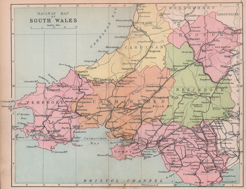 WALES Railway Map of South Wales BARTHOLOMEW 1882 old antique plan chart