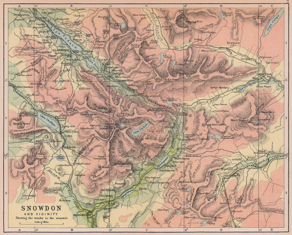 Snowdon Map SNOWDONIA Snowdon showing tracks to the Summit Wales BARTHOLOMEW 1882 ...