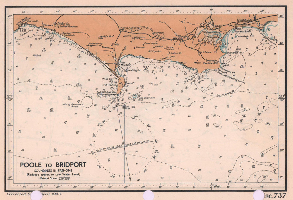 Poole to Bridport sea coast chart. Dorset Jurassic Coast. ADMIRALTY 1943 map