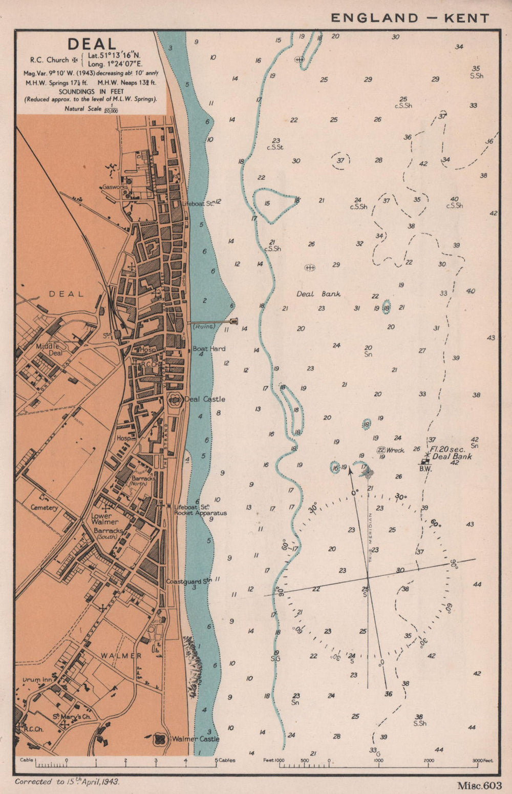 Deal town plan & sea coast chart. Kent. ADMIRALTY 1943 old vintage map