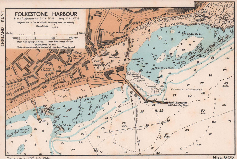 Folkestone Harbour & town plan & sea coast chart. Kent. ADMIRALTY 1944 old map