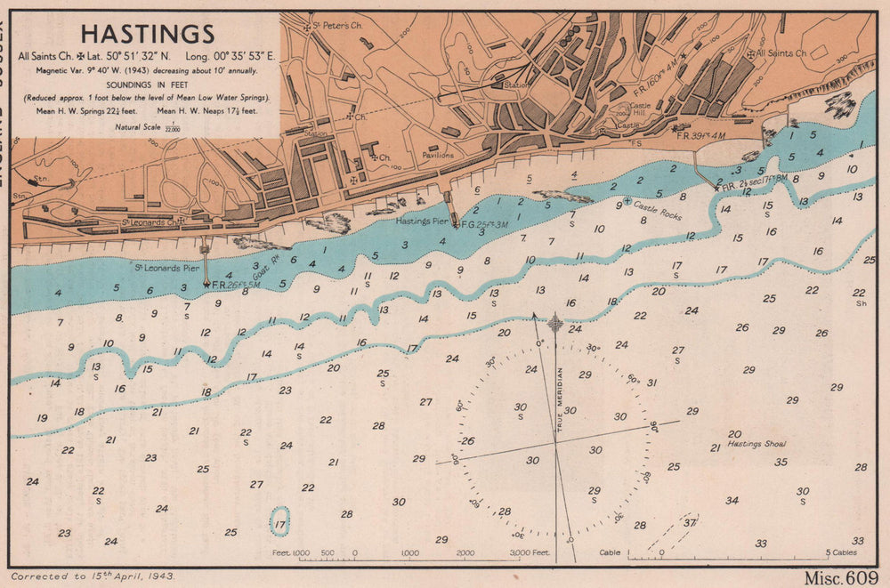 Hastings & St. Leonards town plan & sea coast chart. Sussex. ADMIRALTY 1943 map