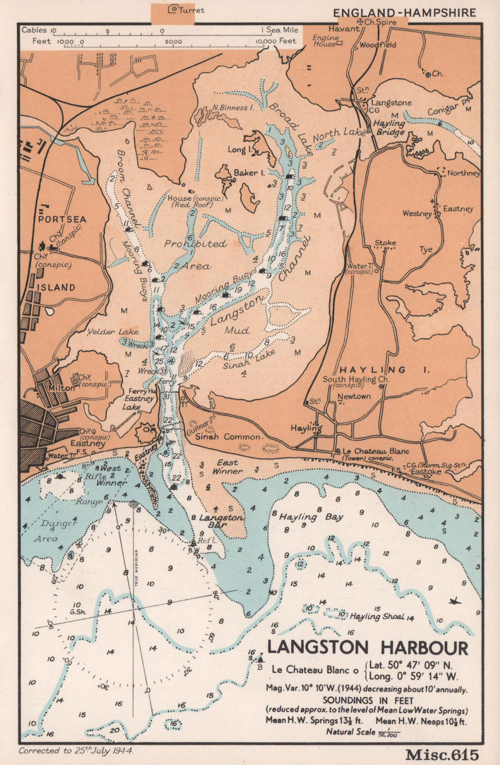 Langstone Harbour, Hayling Island Portsmouth sea coast chart. ADMIRALTY 1944 map