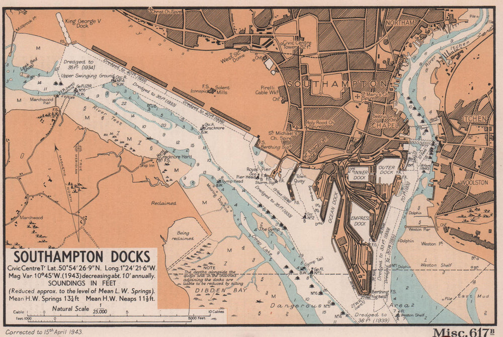 Southampton Docks town plan & sea coast chart. Hampshire. ADMIRALTY 1943 map