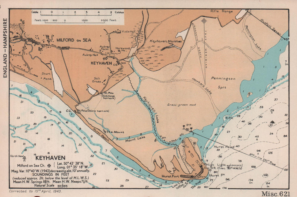 Keyhaven & Milford-on-Sea coast chart. Hurst Fort. Hampshire. ADMIRALTY 1943 map