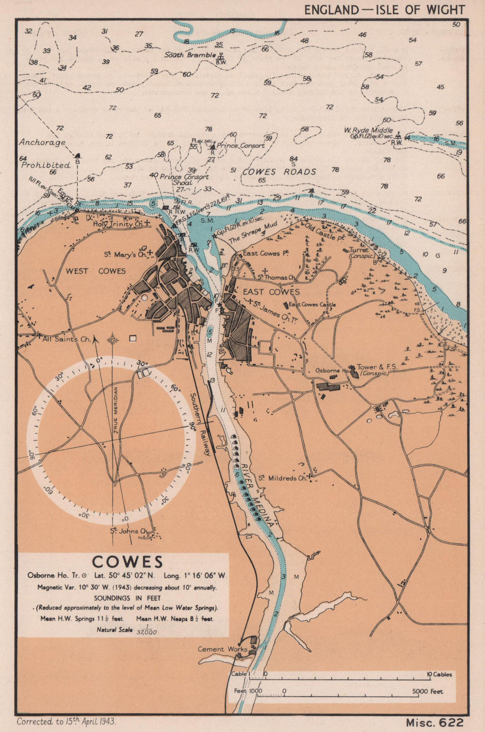 Cowes & Medina River sea coast chart. Isle of Wight. ADMIRALTY 1943 old map
