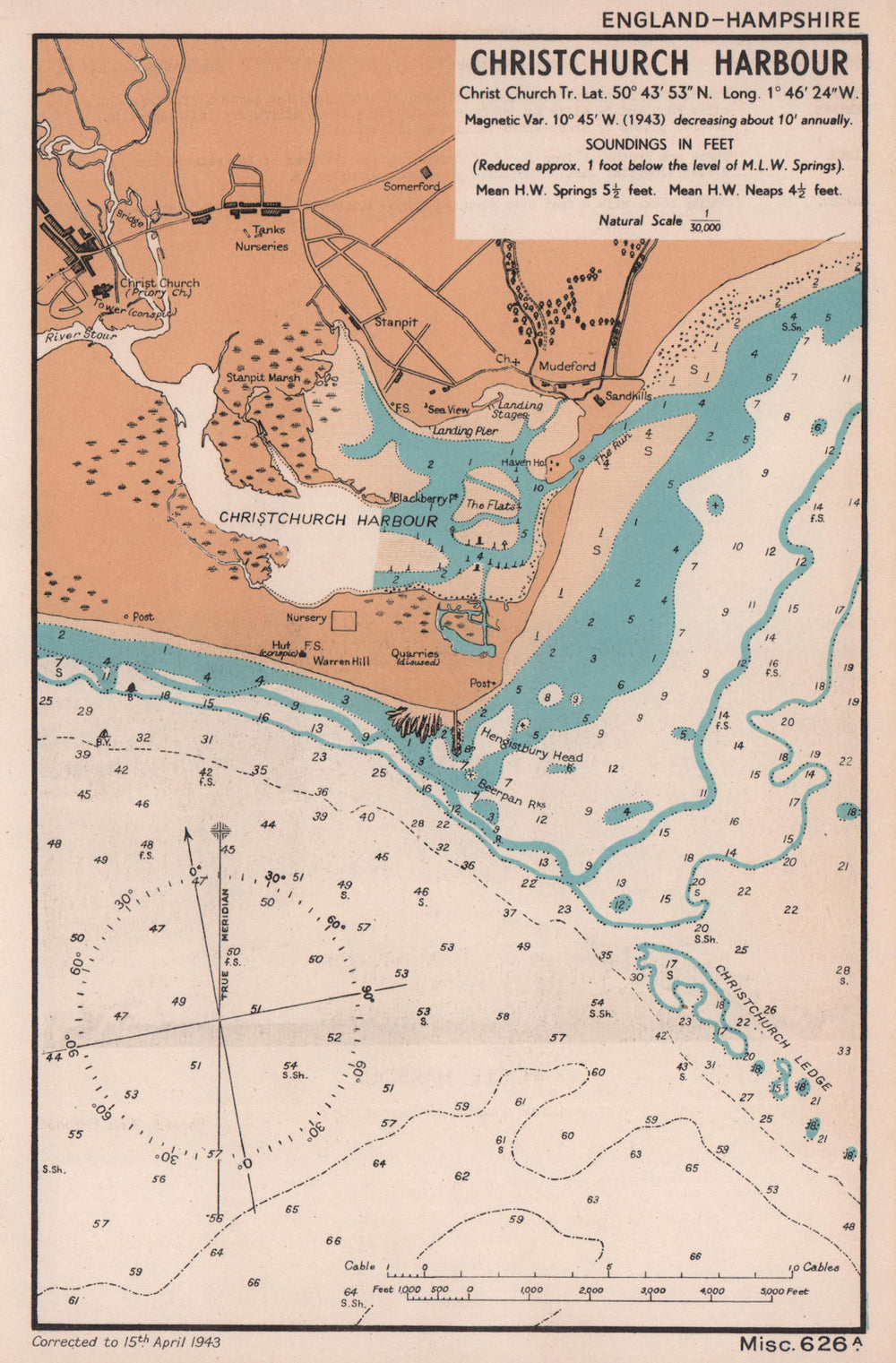 Christchurch Harbour sea coast chart. Dorset. ADMIRALTY 1943 old vintage map