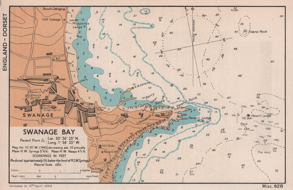 Swanage Bay town plan & sea coast chart. Dorset. ADMIRALTY 1943 old map