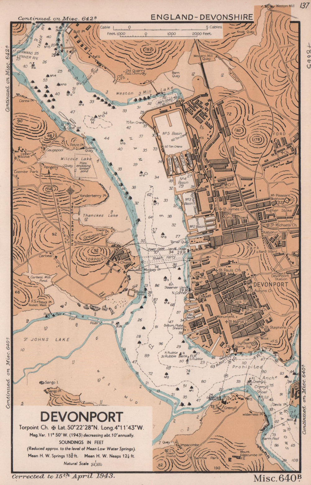 Devonport town plan & sea coast chart. Devon. ADMIRALTY 1943 old vintage map