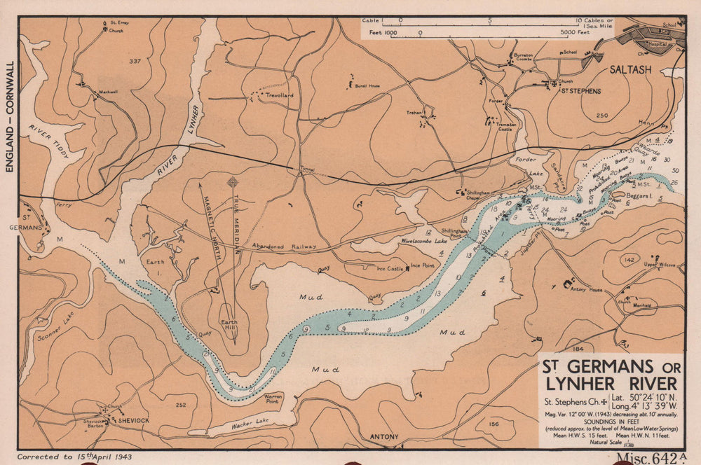 St. Germans or Lynher River. Saltash Cornwall sea coast chart ADMIRALTY 1943 map